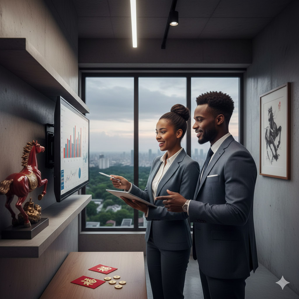 Συνάδελφοι στο γραφείο βλέπουν κάτι σε οθόνη ενώ ακουμπισμένο στο πλάι είναι ένα πήλινο κόκκινο άλογο. Τί φέρνει η Χρονια του Πύρινου Αλόγου στα επαγγελματικά τους.