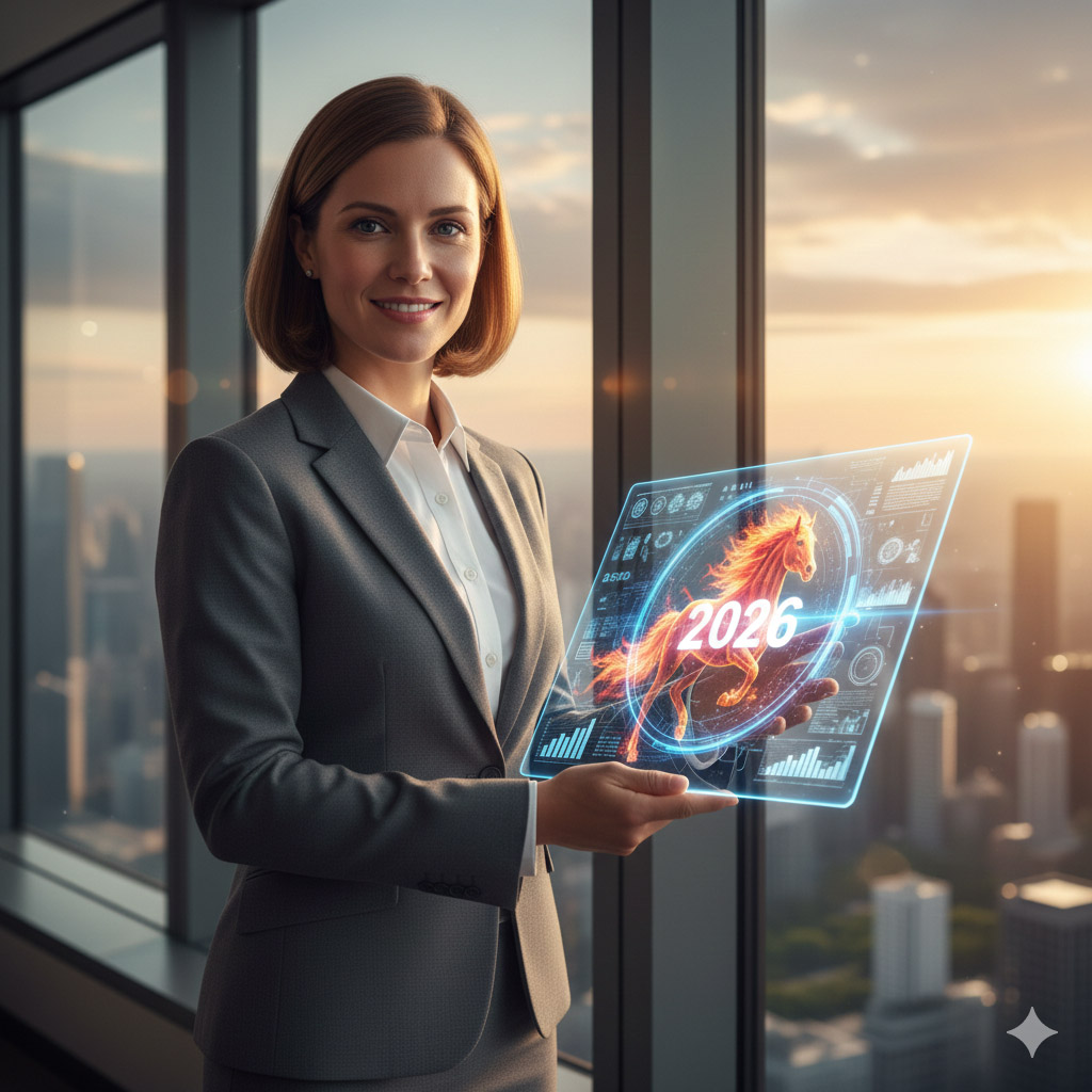 Κινέζικη Χρονιά του Πύρινου Αλόγου. Γυναίκα κρατά κομπιούτερ και στην οθόνη φαίνεται Αλογο με φλόγες