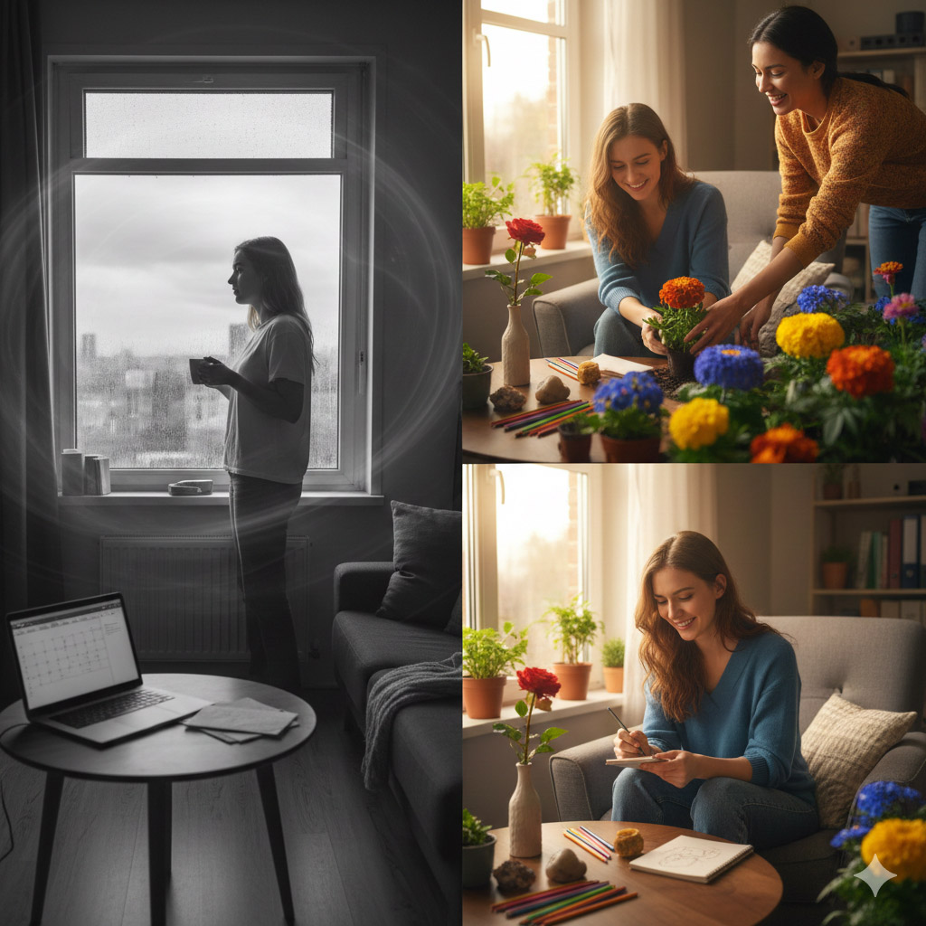 Γυναίκα φροντίζει τον εαυτόν της. Γυναίκα σε τρεις διαφορετικές στιγμές της ζωής της αναζητά νόημα στη ζωή της.