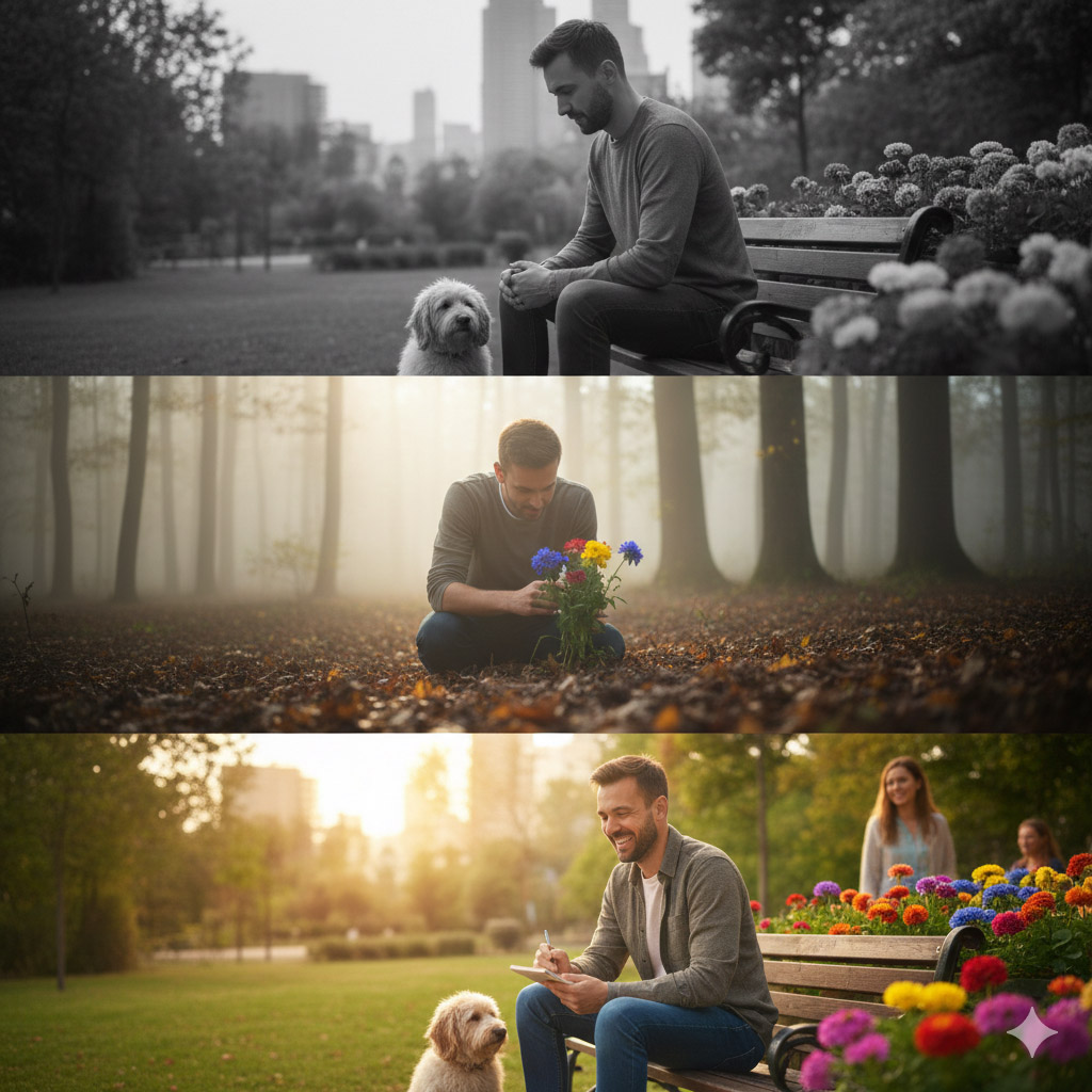 Αναζητήστε το νοημα στη ζωή σας και μάθε να φροντίζετε τον ευατόν σας. Ανδρα σε τρεις διαφορετικές σκηνές