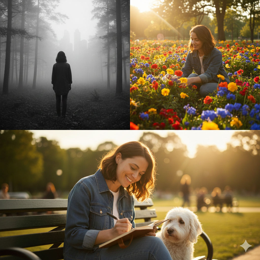 Αναζήτηση νοήματος ζωή και αυτοφροντίδα. Γυναίκα σε τρεις διαφορετικές στιγμές της ζωής της.