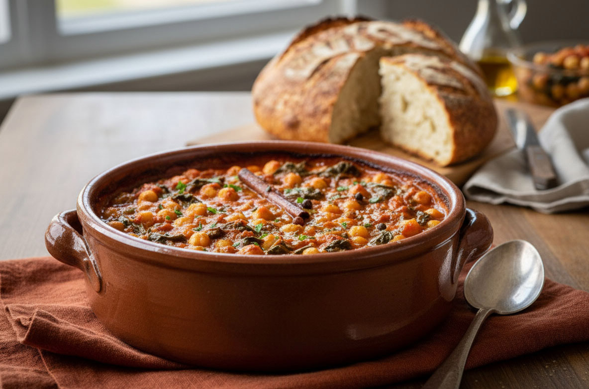 Ρεβίθια κοκκινιστά με σπανάκι και ψωμί ζυμωτό
