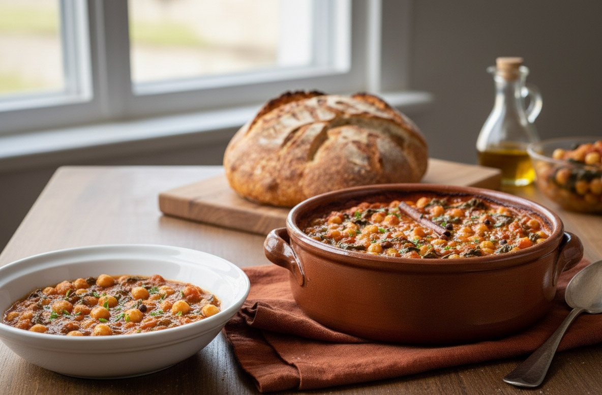Ρεβίθια κοκκινιστά με σπανάκι και ψωμί ζυμωτό