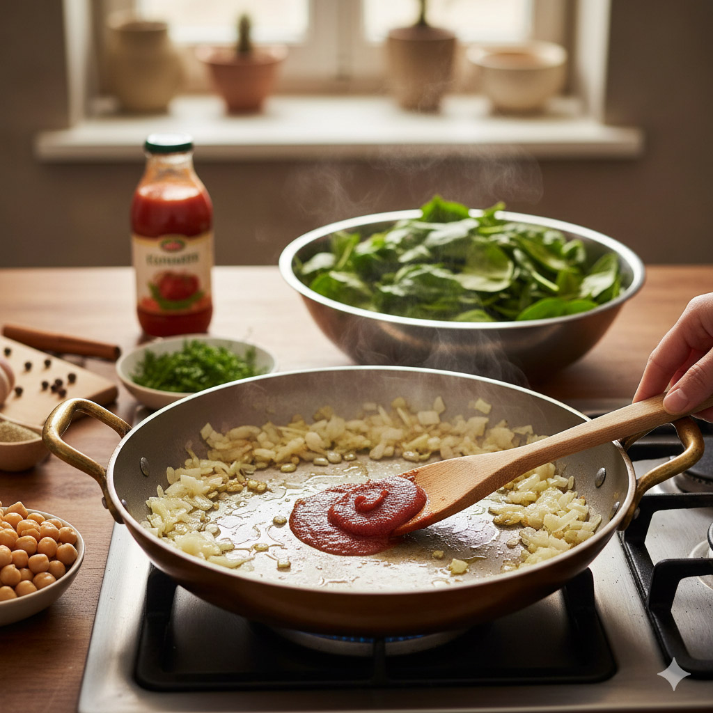 Ρεβίθια κοκκινιστά με σπανάκι βήματα παρασκευής συνταγής