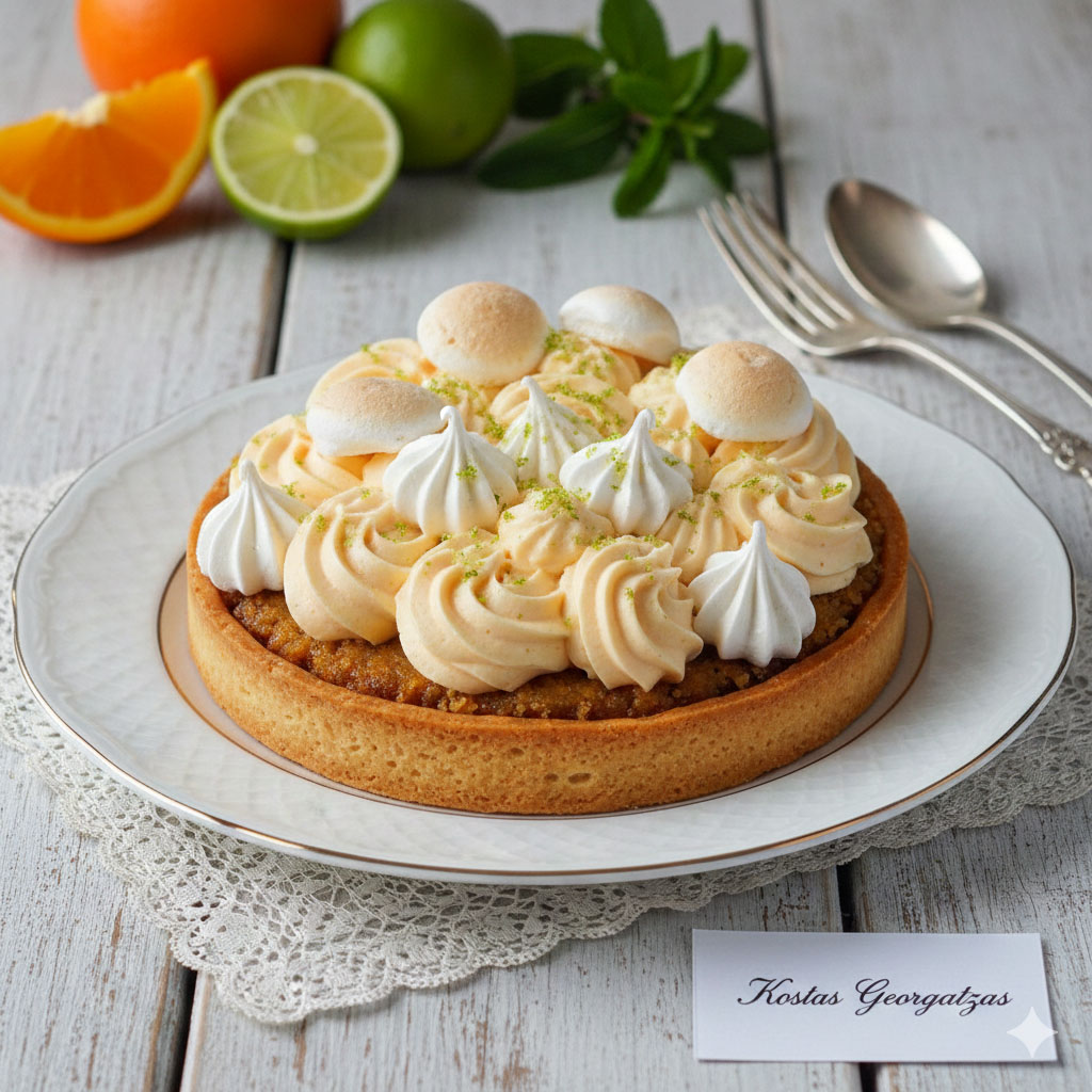 Η τάρτα με σιμιγδαλένιο χαλβά, κρέμα πορτοκαλιού και μαρέγκες στην τελική της μορφή.