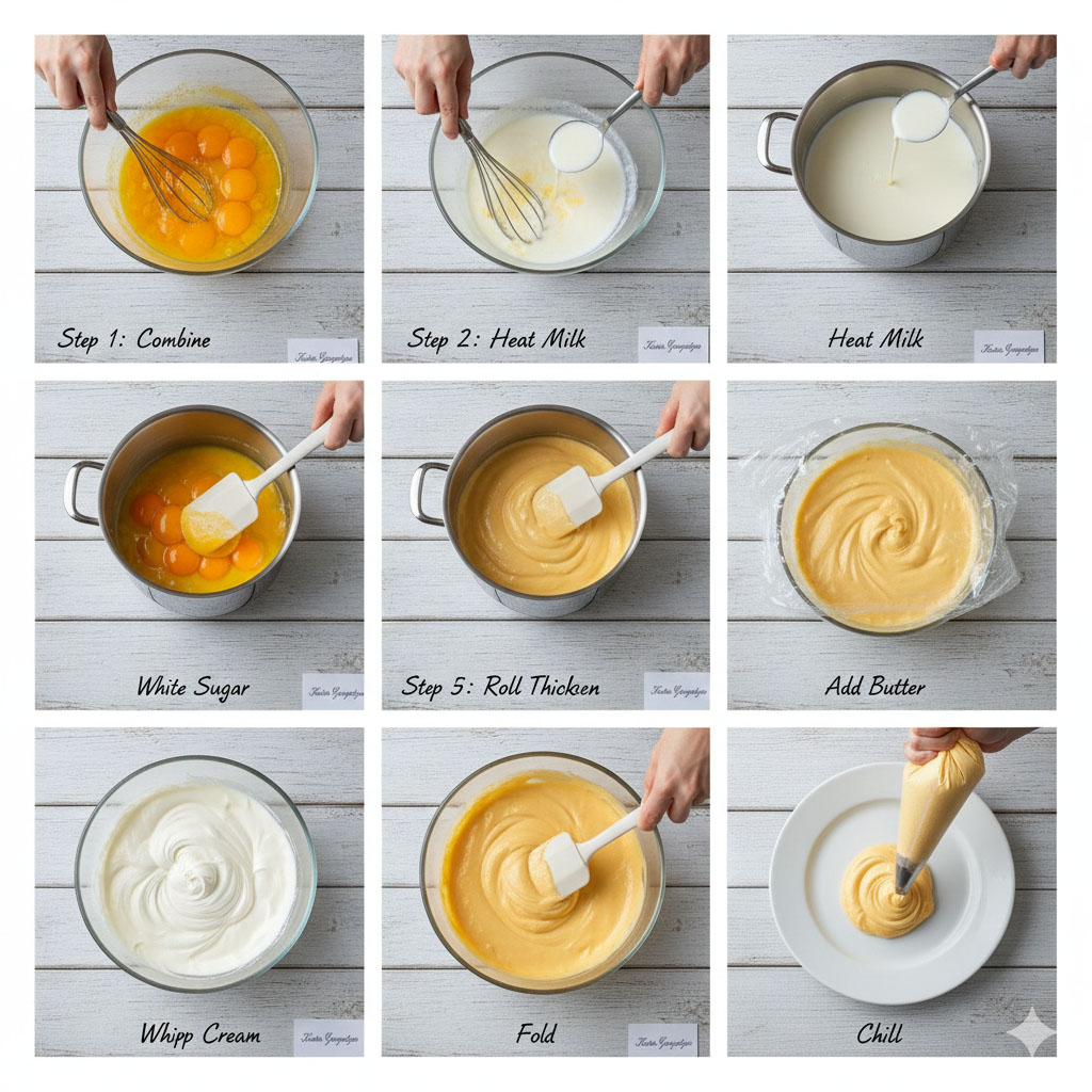 Τα βήματα για να φτιάξουμε την κρέμα για την τάρτα με σιμιγδαλένιο χαλβά, κρέμα πορτοκάλι και μαρέγκες.