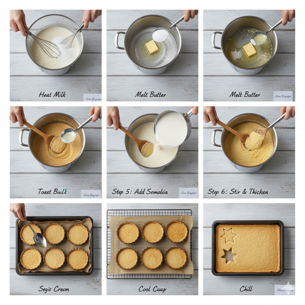 Τα βήματα για να φτιάξουμε τον σιμιγδαλένιο χαλβά για την τάρτα με σιμιγδαλένιο χαλβά με κρέμα πορτοκάλι και μαρέγκες