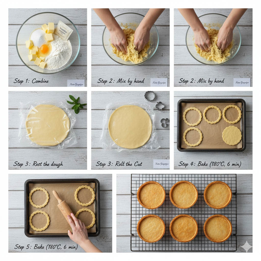 Τα βήματα για να φτιάξουμε τη ζύμη για την τάρτα με σιμιγδαλένιο χαλβά και κρέμα πορτοκάλι και μαρέγκες.