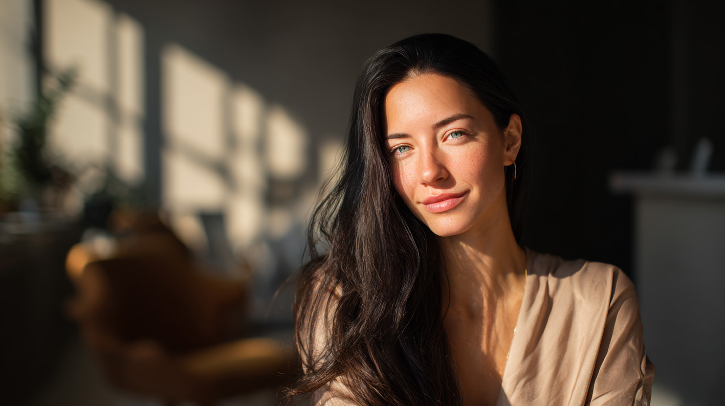 Γυναίκα νέα μας κοιτάζει ήρεμη με υπέροχο φωτισμό από τον ήλιο