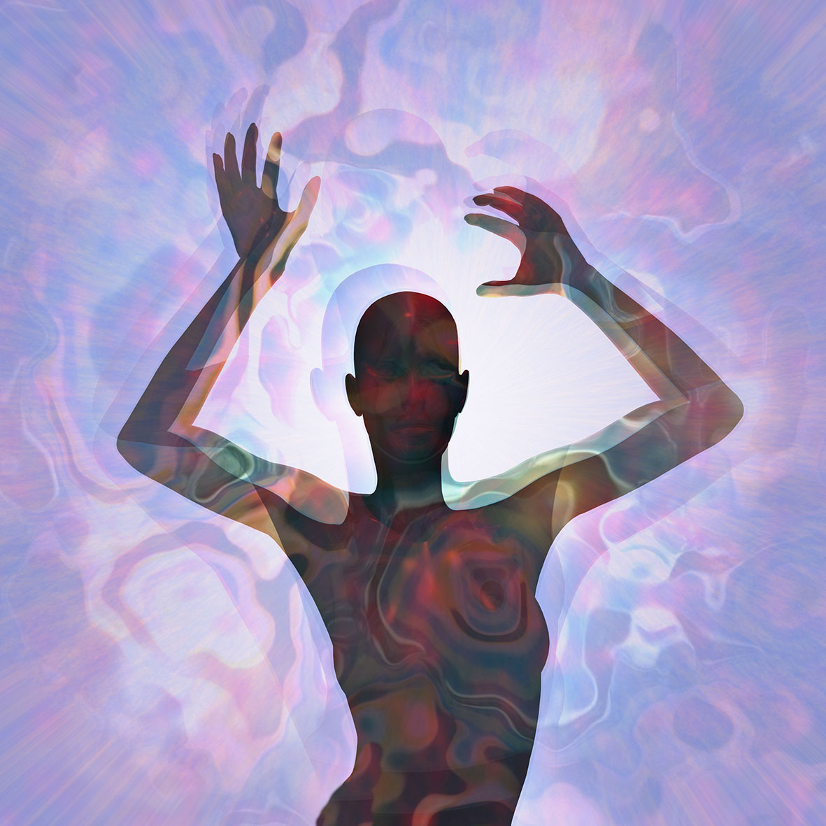 Γυναικείο σκίτσο με χρώματα μοβ γύρω του. Κόνσεπτ αύρας