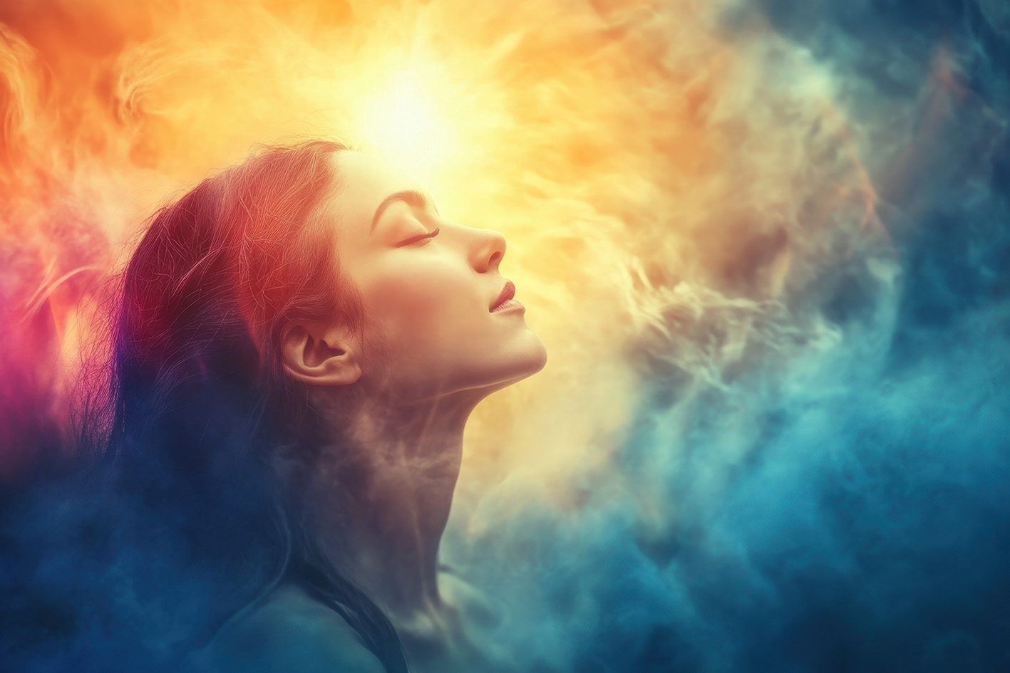 Τι σημαίνουν τα χρώματα της αύρας μας. Στη φωτογραφία γυναίκα με διάφορα χρώματα γύρω της.