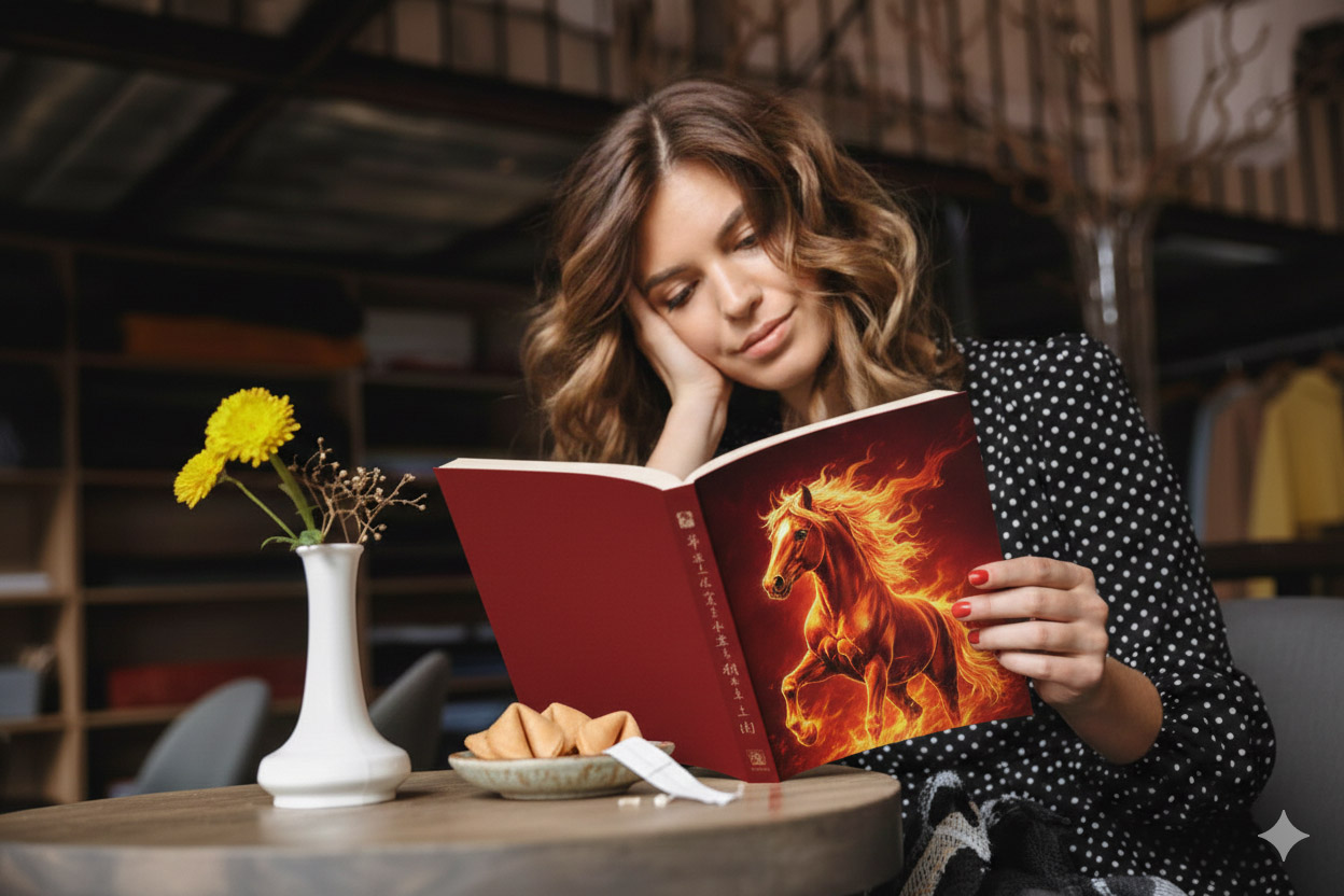 Γυναίκα διαβάζει βιβλίο για κινέζικη αστρολογία