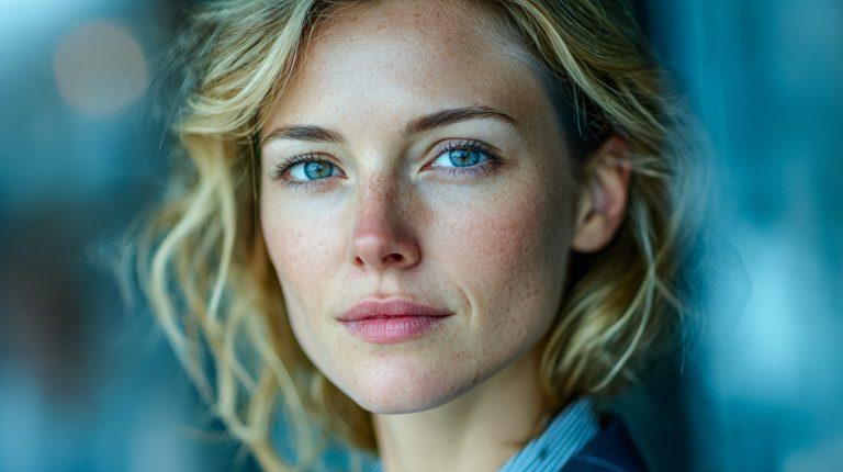 Γυναίκα βλέπει τον φακό και χαμογελά ελαφρά