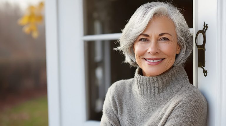 Γυναίκα μέσης ηλικίας βλέπει τον φακό και χαμογελά ακουμπώντας σε μια λευκή πόρτα