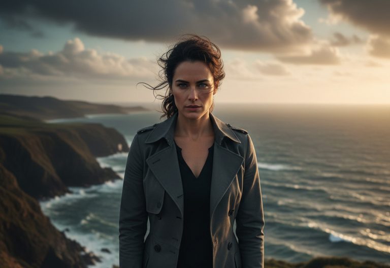 Γυναίκα δυναμική σε φυσικό τοπίο στη φύση. Πίσω από την πλάτη της θάλασσα