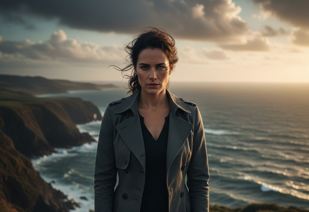 Γυναίκα δυναμική σε φυσικό τοπίο στη φύση. Πίσω από την πλάτη της θάλασσα