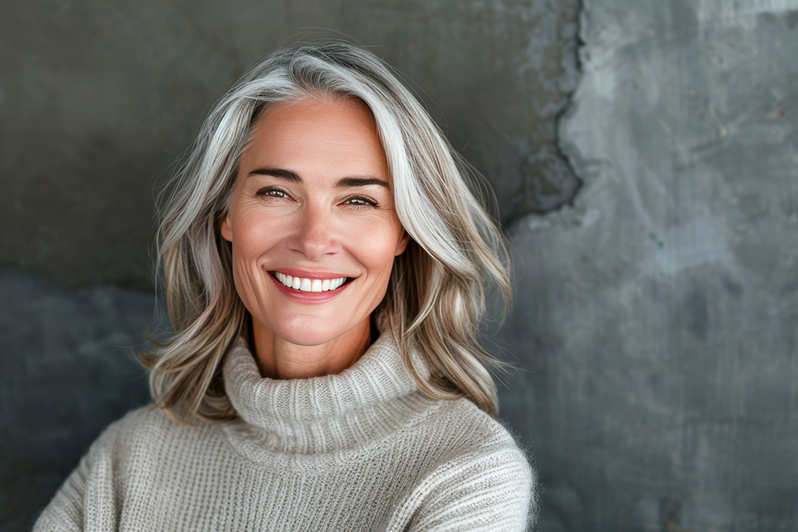 Γυναίκα ήρεμη χαμογελά στον φακό.