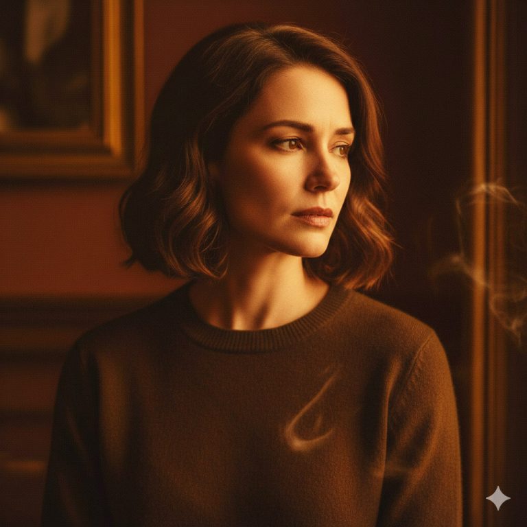 Γυναίκα σκέφτεται με καφέ ρούχα