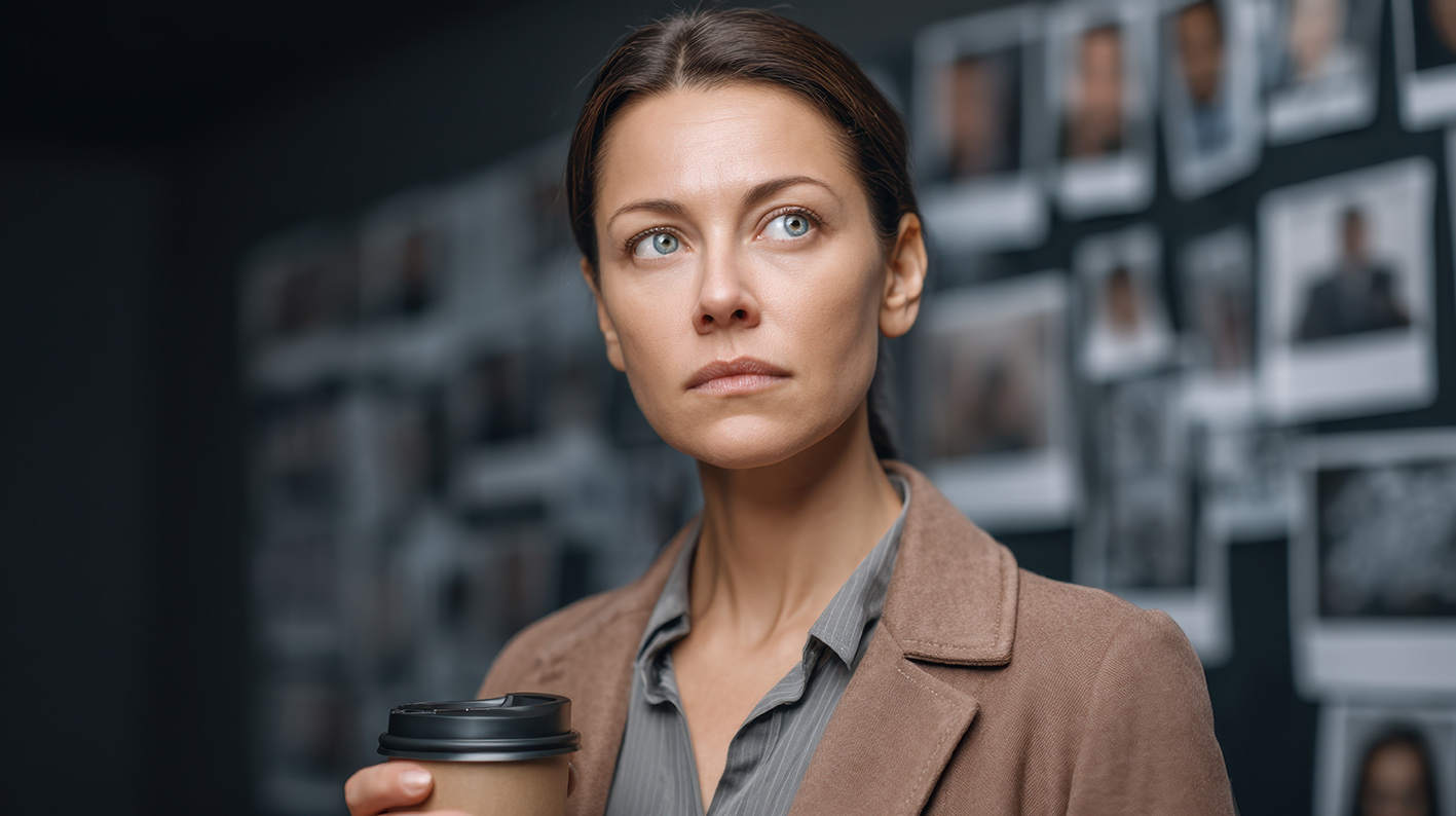 Γυναίκα σκέφτεται κρατώντας καφέ στο χέρι της.