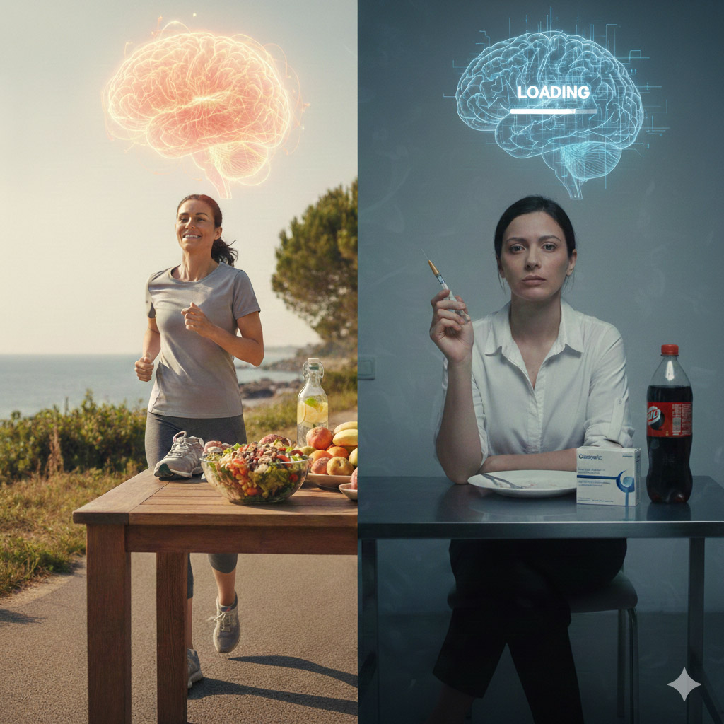 Ozempic: Γυναίκα κάνει ένεση για να χάσει βάρος. Στη μία φωτογραφία τρέχει και προσέχει τη διατροφή της και στην άλλη κρατά την ένεση και κάθεται σε ένα τραπέζι με μία σόδα