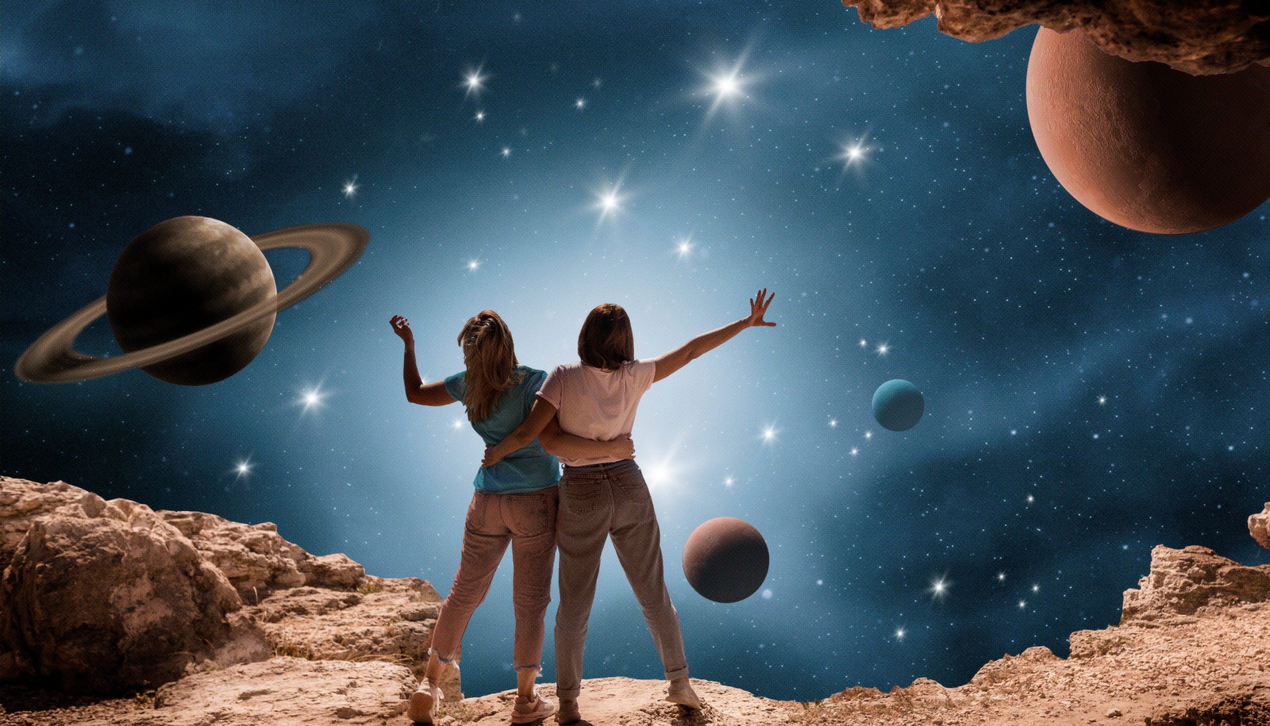 Ο Ποσειδώνας θα βρίσκεται στον Κρίο και θα φέρει αλλαγές σε όλα τα ζώδια του Κύκλου. Στη φωτογραφία δύο γυναίκες κοιτάνε το σύμπαν και τους πλανήτες γύρω τους.