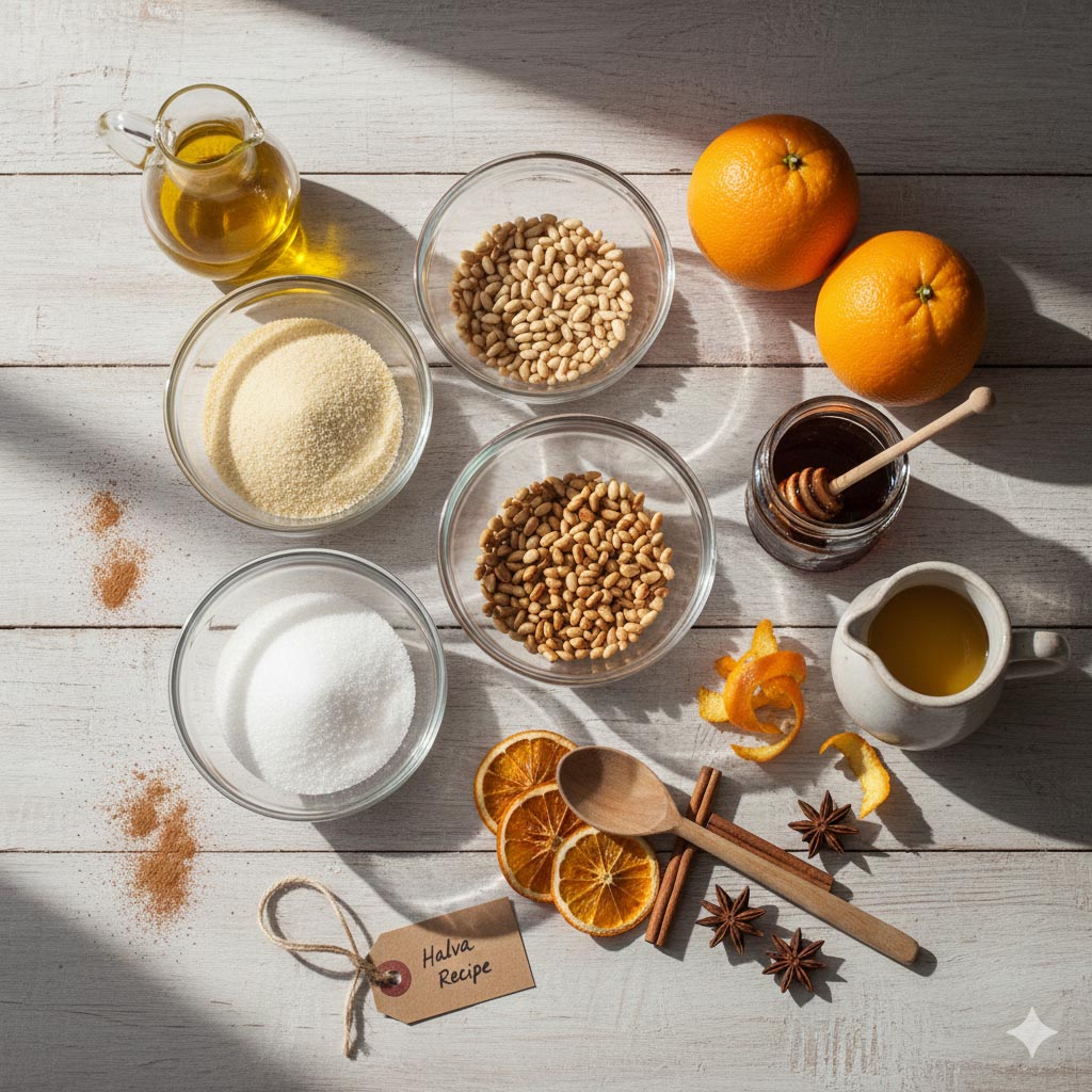 Τα υλικά για τη συνταγή του αρωματικού χαλβά με εσπεριδοειδή και κουκουνάρι