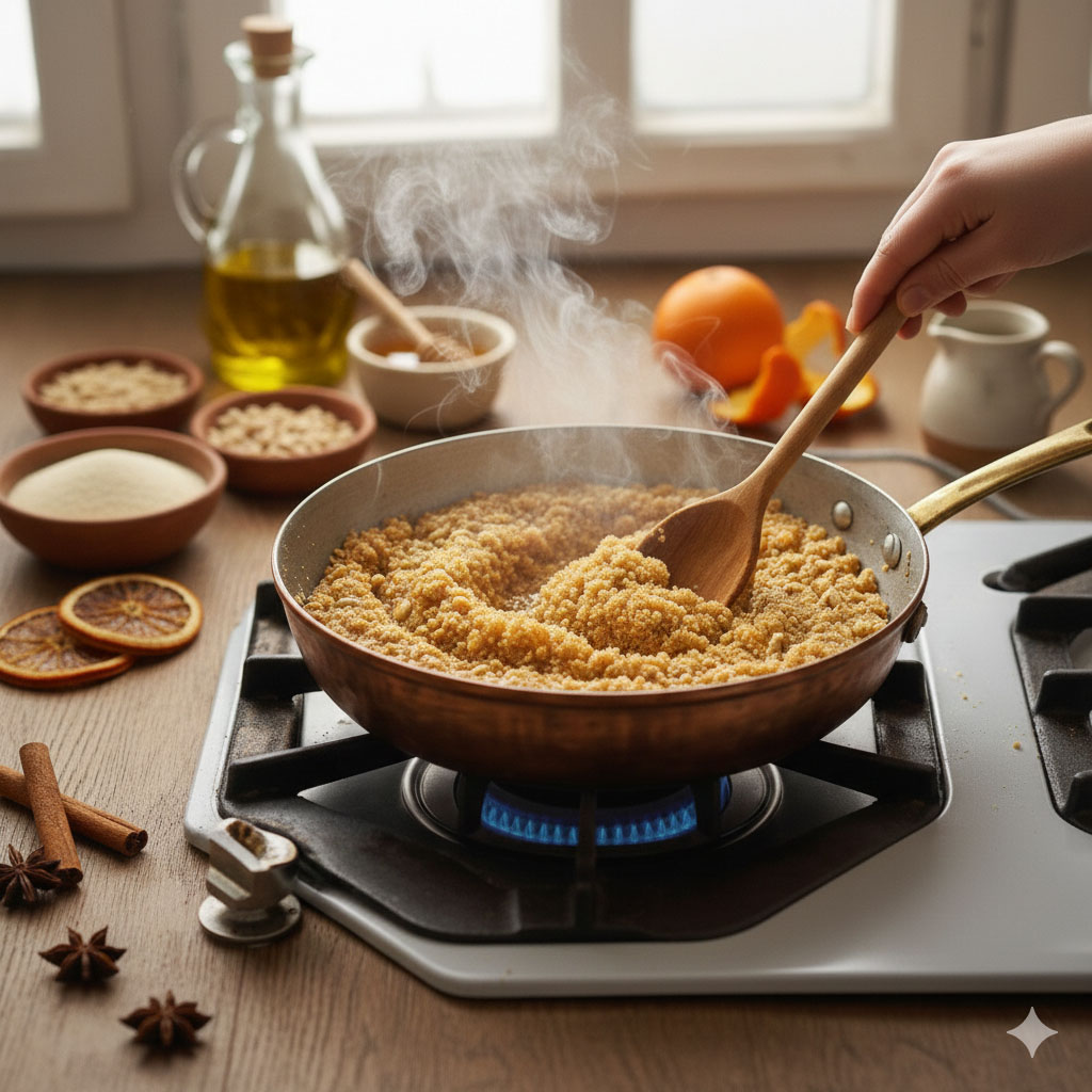 Βήμα από τη συνταγή του αρωματικού χαλβά με εσπεριδοειδή και κουκουνάρι. Εδώ ανακατεύουμε τον χαλβά. Τον δένουμε.