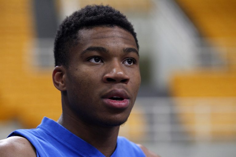 O Γιάννης Αντετοκούμπο μιλάει στους δημοσιογράφους κατά την διάρκεια της media day στο ΟΑΚΑ, Πέμπτη 3 Αυγούστου 2017