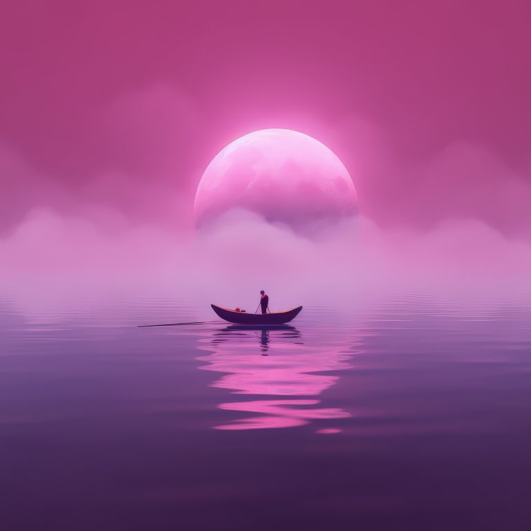 Άνθρωπος σε βάρκα με φόντο τη Ροζ Πανσέληνο