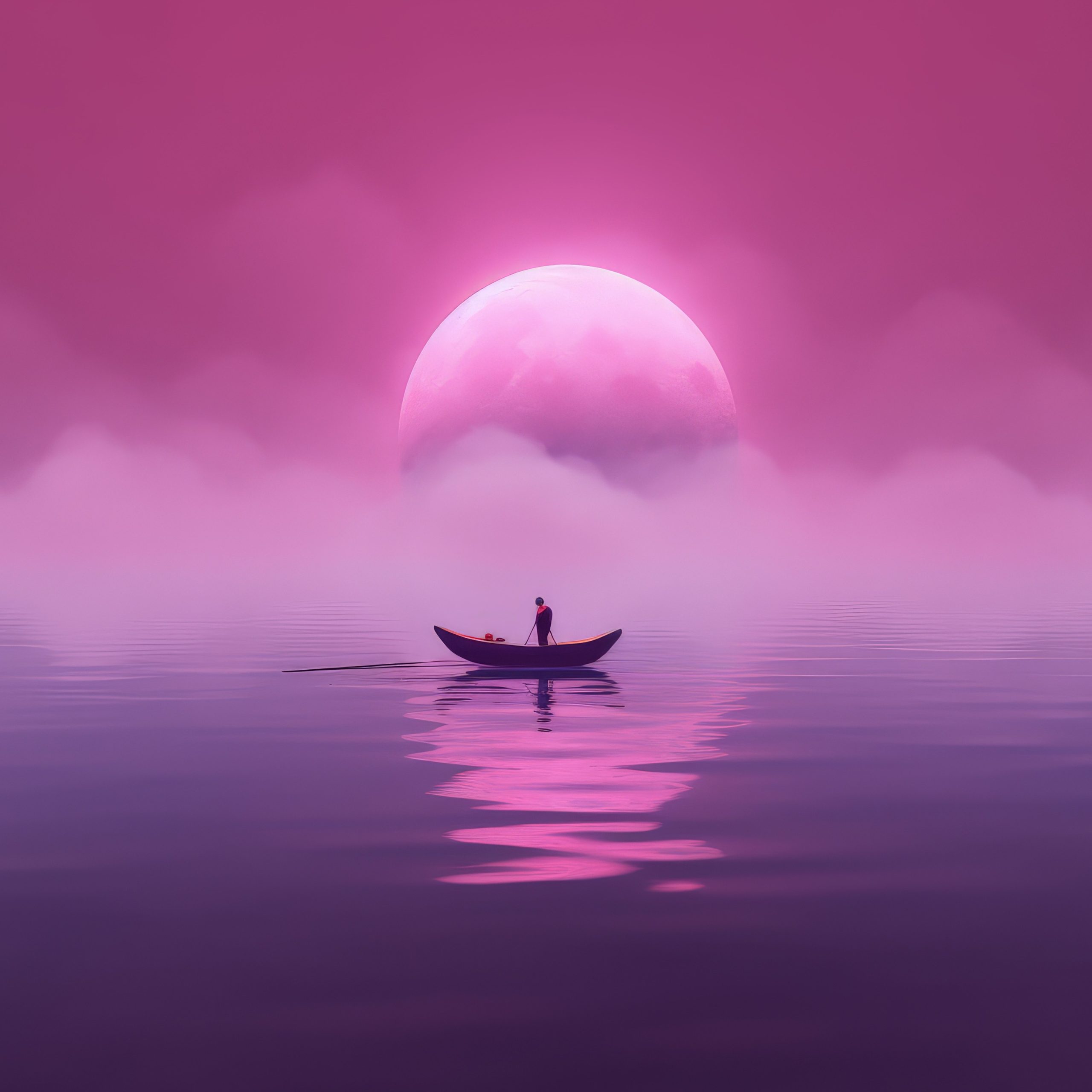 Άνθρωπος σε βάρκα με φόντο τη Ροζ Πανσέληνο