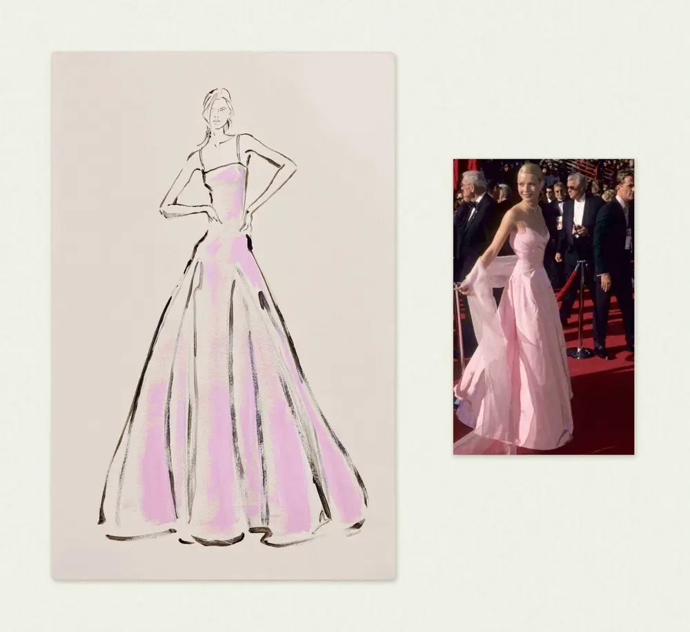 Σχέδιο του Ralph Lauren από το θρυλικό bubblegum ροζ φόρεμα των Όσκαρ του 1999. Δίπλα η ηθοποιός σε φωτογραφία την ώρα που το φοράει. Μόνο τα σχέδια βγαίνουν σε δημοπρασία από τον οίκο Junien's Auctions στις 24 και 25 Μαρτίου διαδικτυακά.