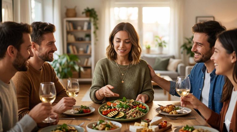 Φίλοι γύρω από ένα τραπέζει έτοιμοι για φαγητό. Παρόλο που ο ένας είναι βίγκαν όλοι απολαμβάνουν την παρέα δεν απομονώνονται.