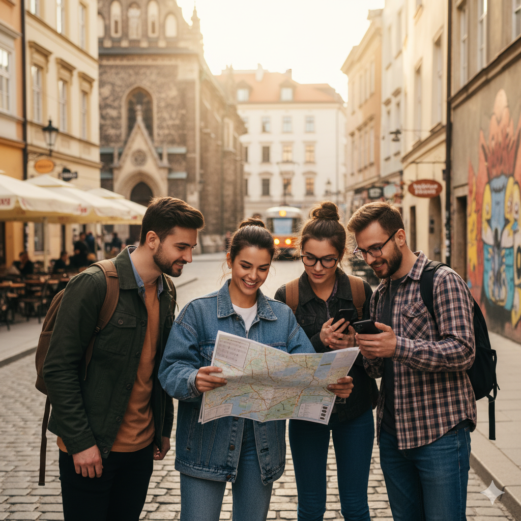 Μία παρέα φίλων ταξιδεύει, κρατώντας έναν χάρτη.