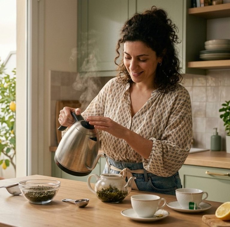 Γυναίκα ετοιμάζει πράσινο τσάι στην κουζίνα