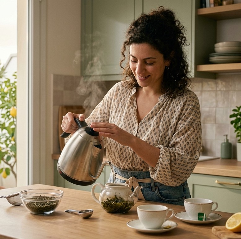 Γυναίκα ετοιμάζει πράσινο τσάι στην κουζίνα