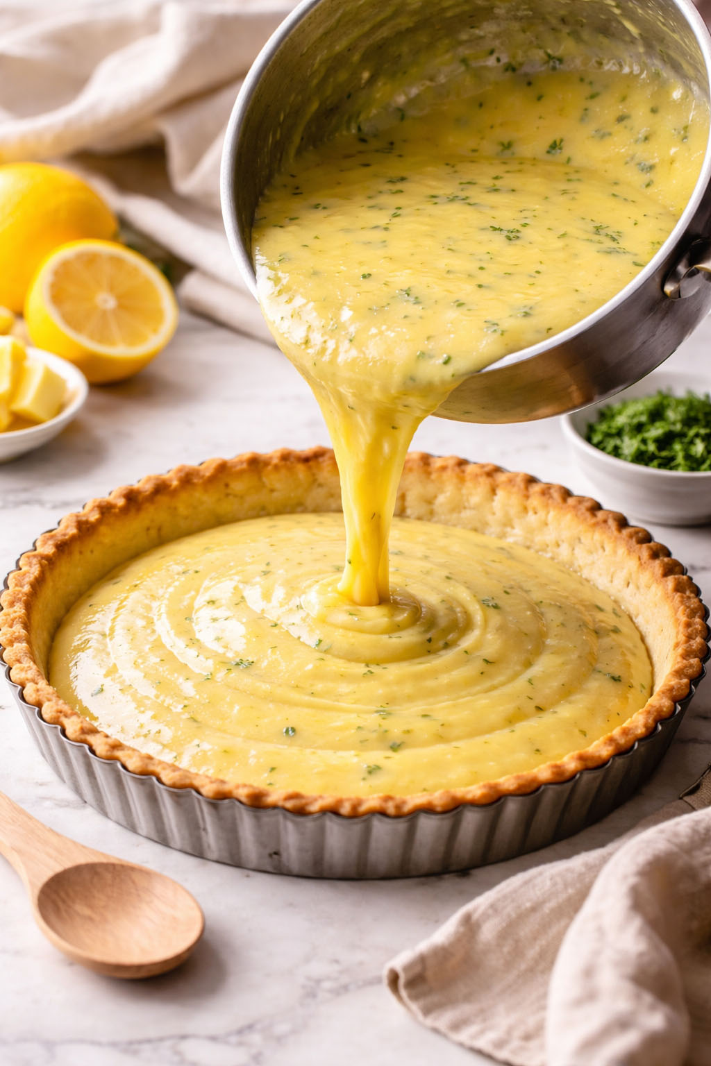 Κρέμα λεμονιού πέφτει σε τάρτα για να φτιάξουμε τάρτα λεμόνι