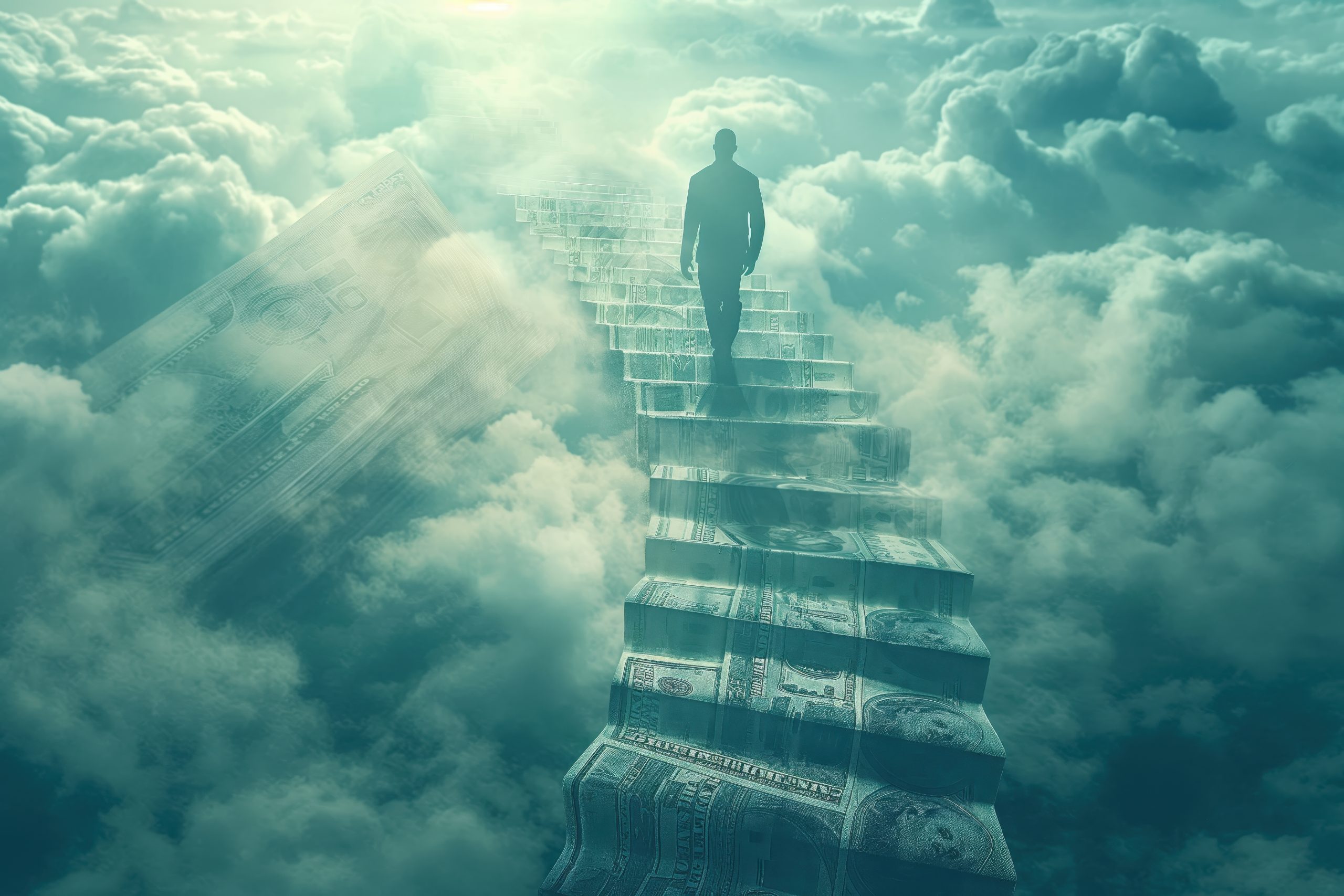 Άνδρας ανεβαίνει σκάλα με χρήματα