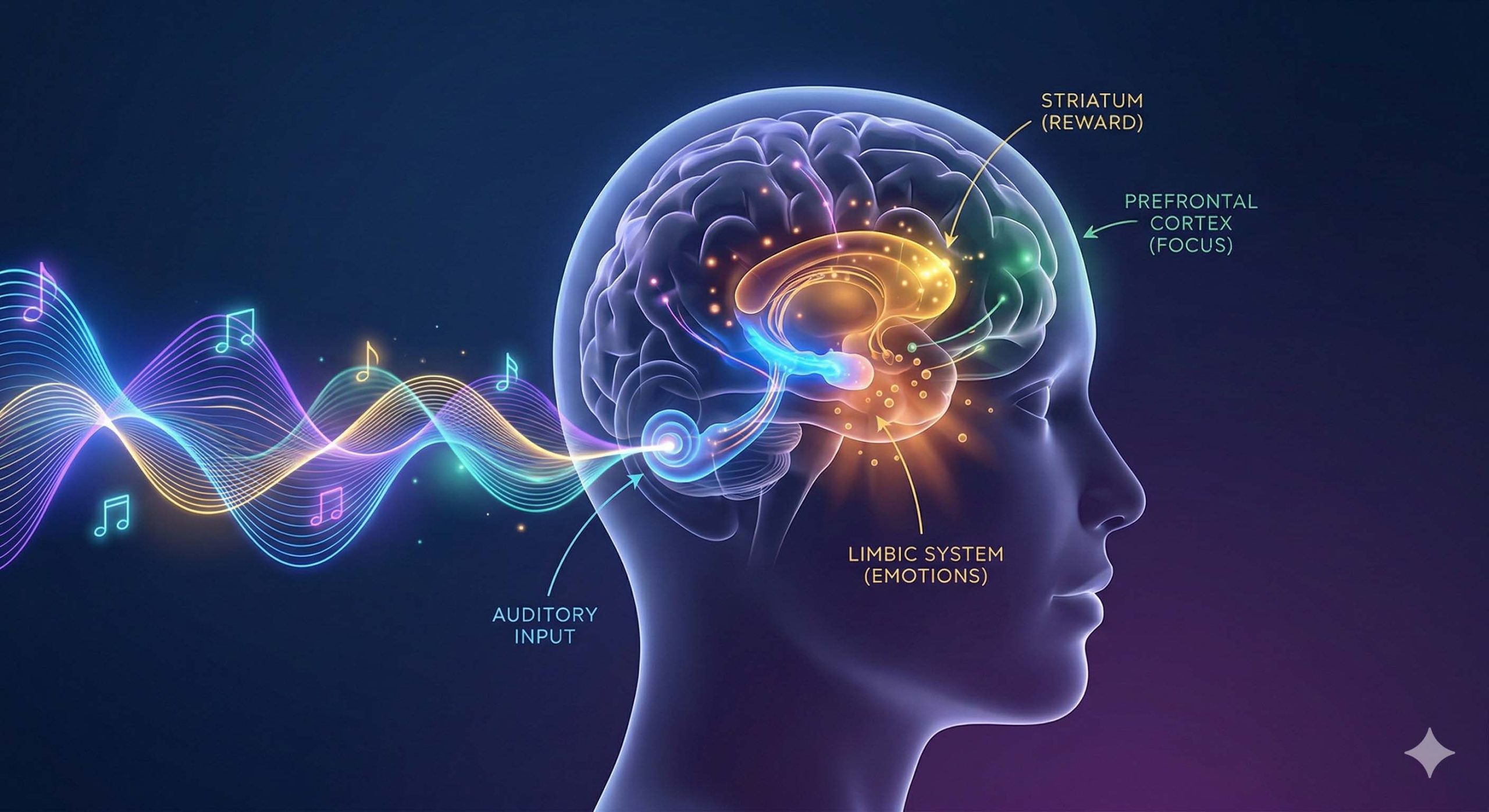 Πώς επηρεάζει η μουσική τον εγκέφαλό μας και τη διάθεσή μας. Γραφική απεικόνιση της επίδρασης των ηχητικών κυμάτων στον ανθρώπινο εγκέφαλο.