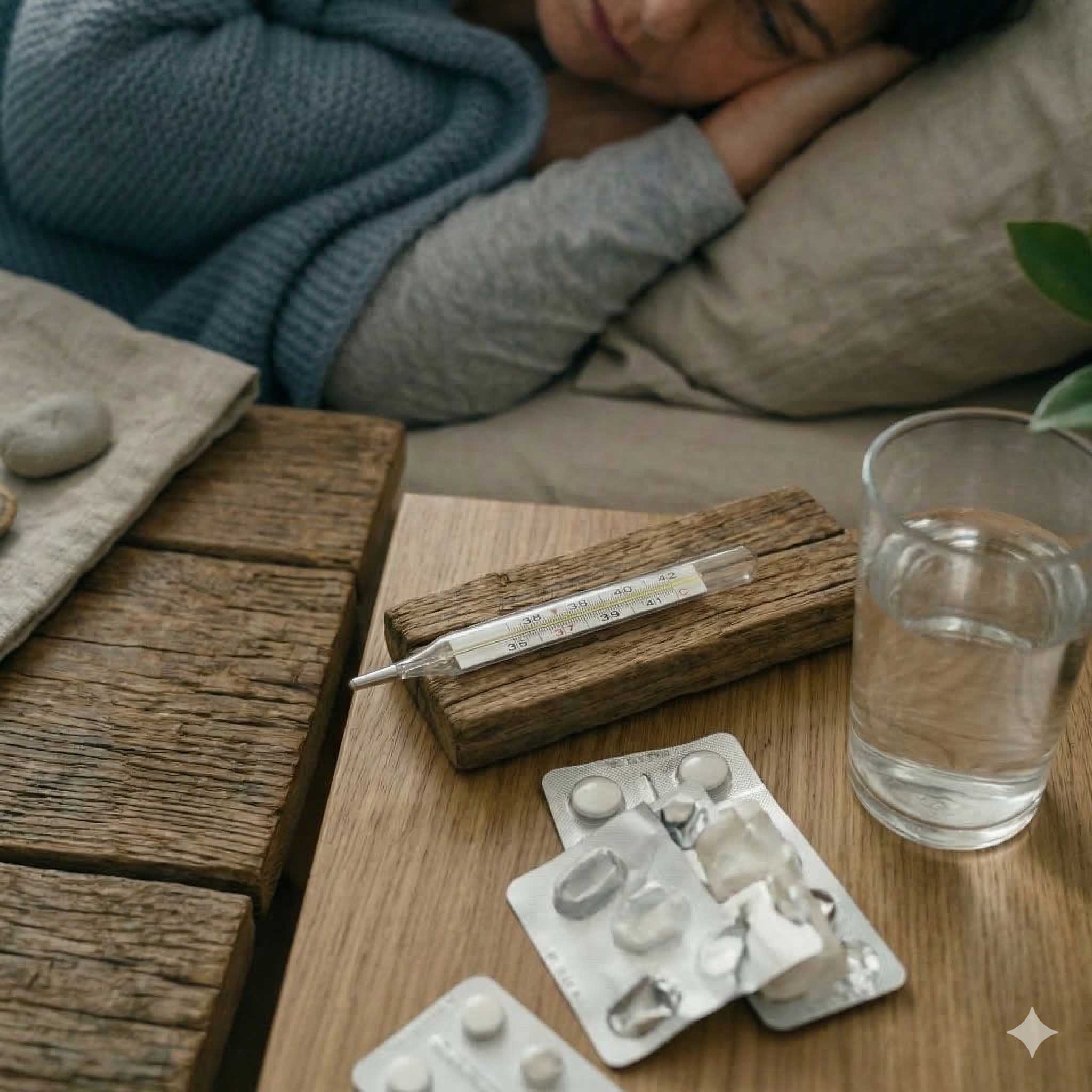 Θερμόμετρο ακουμπισμένο σε κομοδίνο και φάρμακα. Στο βάθος άρρωστη γυναίκα