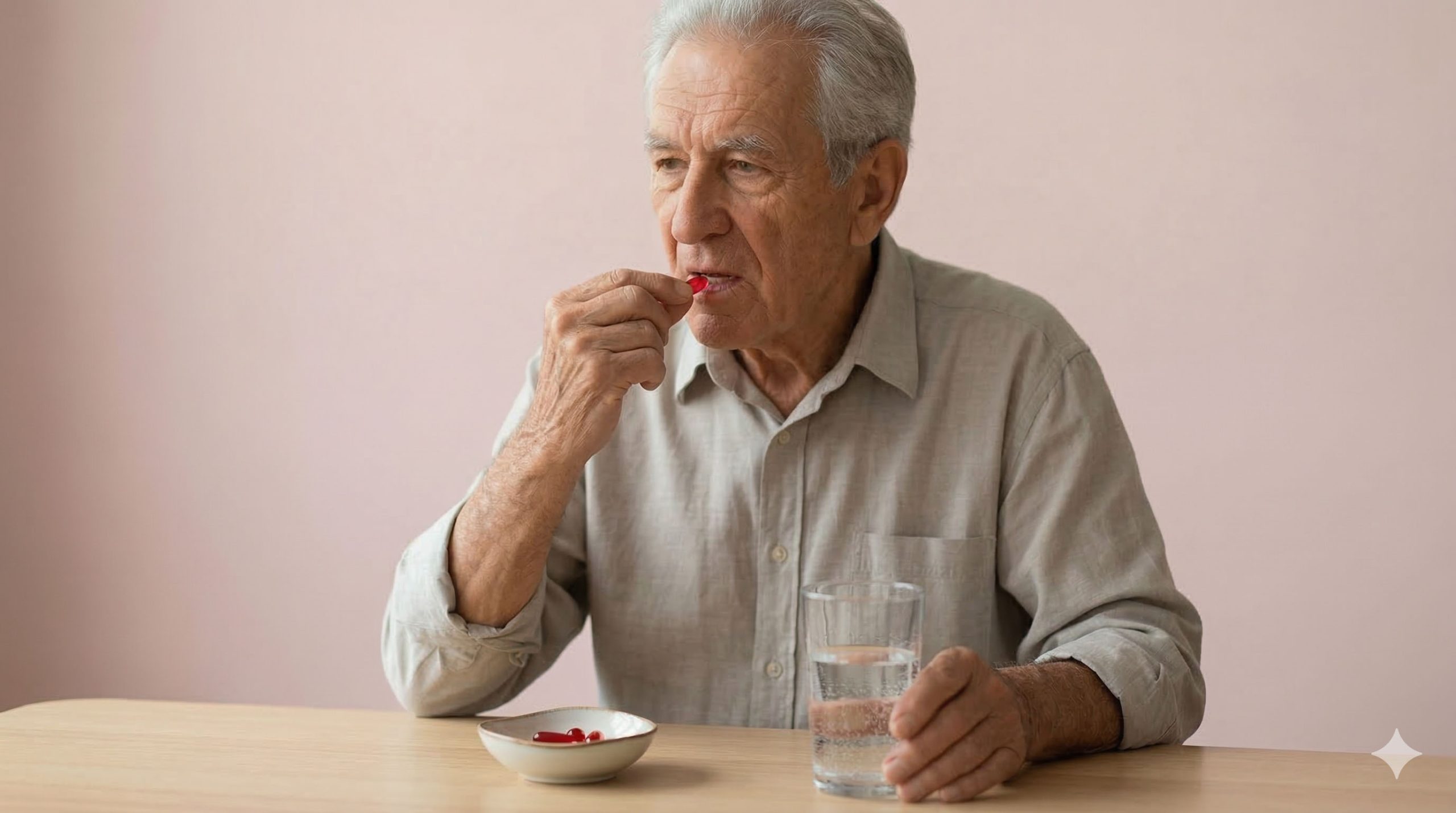 Χρειάζονται οι ηλικιωμένοι πολυβιταμίνες. Στη φωτογραφία άνδρας λαμβάνει μία με ένα ποτήρι νερό.