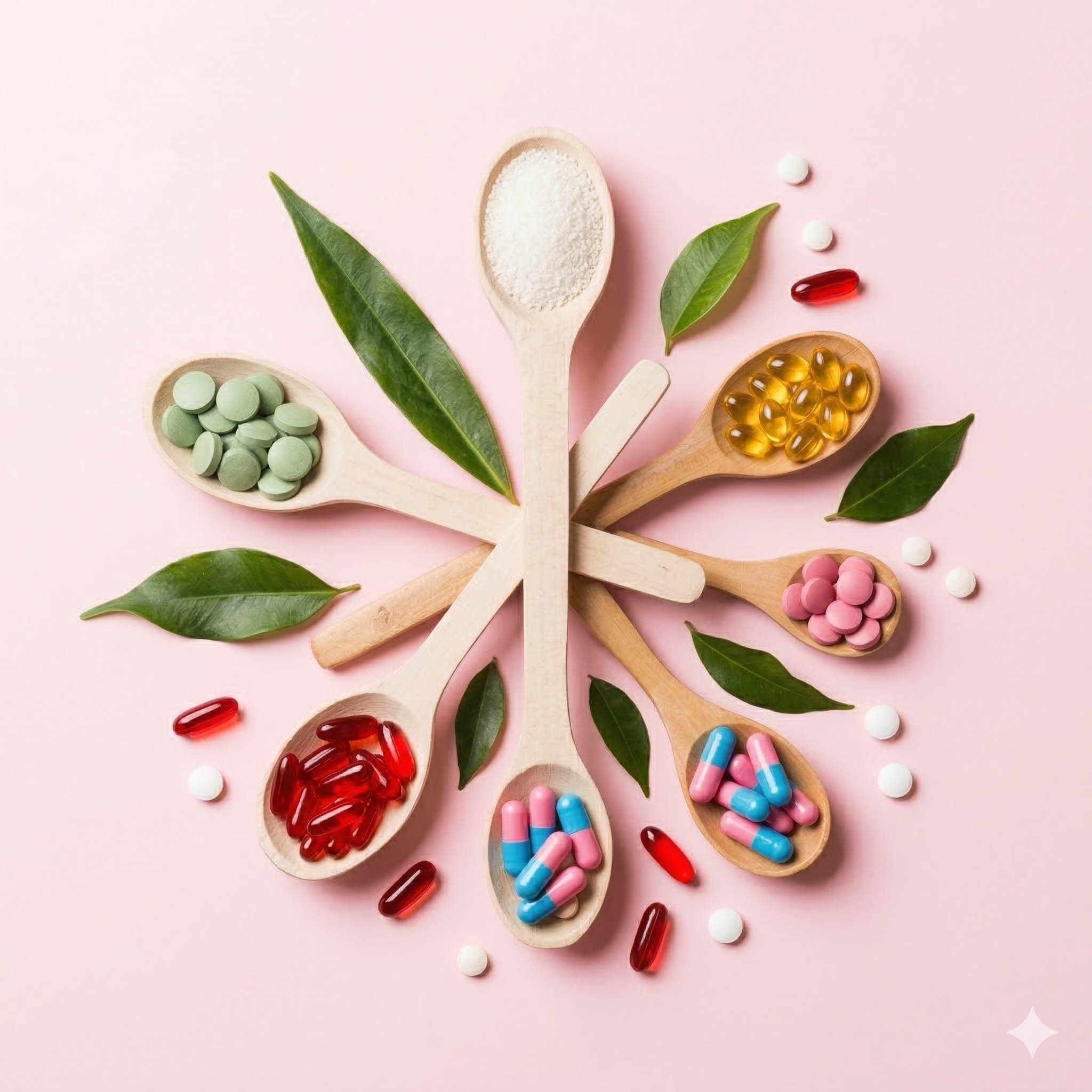 Πολυβιταμίνες πάνω σε ροζ φόντο