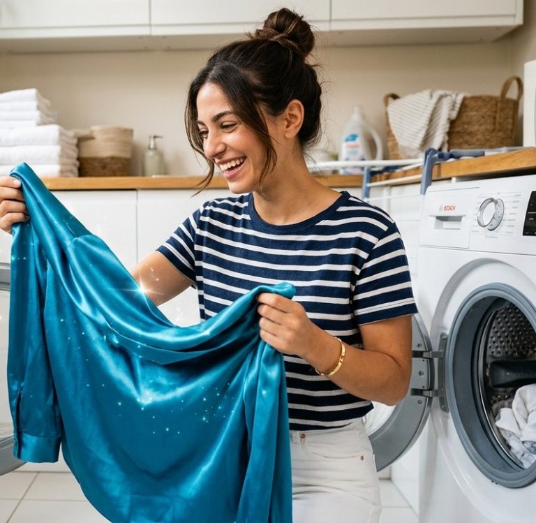 Γυναίκα βγάζει από το πλυντήριο μία αστραφτερή μπλούζα.