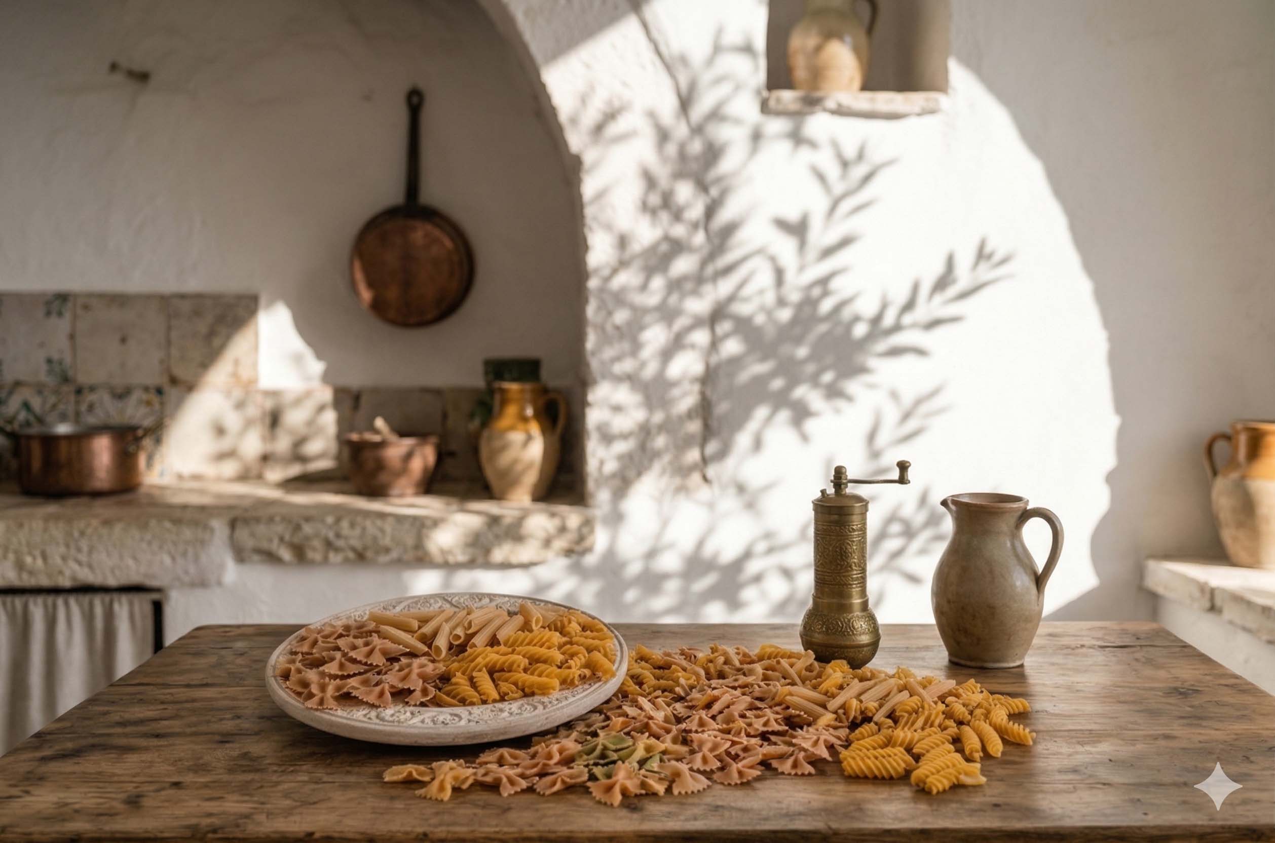 Κουζίνα φωτεινή με ζυμαρικά ολικής άλεσης πάνω στο τραπέζι.