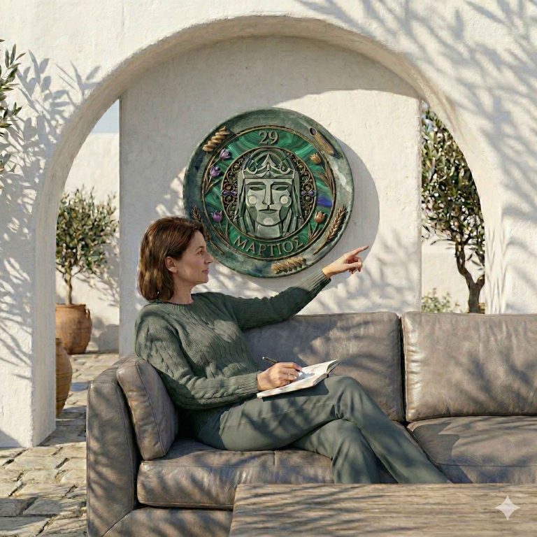 Γυναίκα κάθεται σε καναπέ σε εξωτερικό χώρο τσεκάροντας τις δουλειές που έχει να κάνει στις 27 Μαρτίου και οργανώνοντας