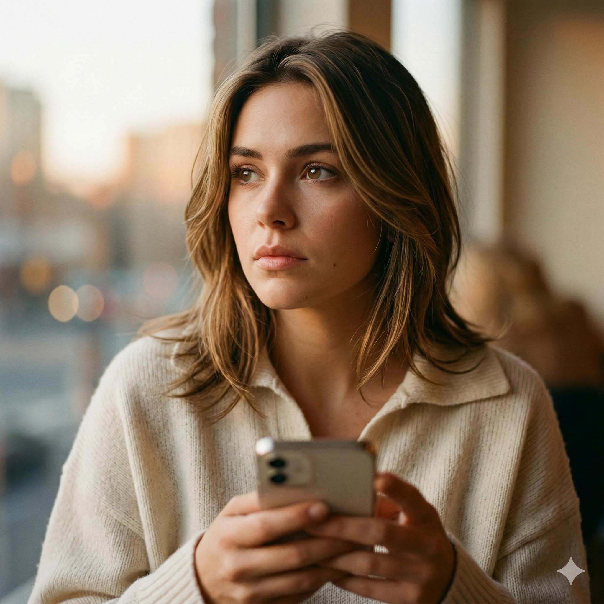 Μια γυναίκα που κοιτάζει έξω από το παράθυρο με προβληματισμό, αντιπροσωπεύοντας τη μοναξιά και την αβεβαιότητα σε ένα situationship.