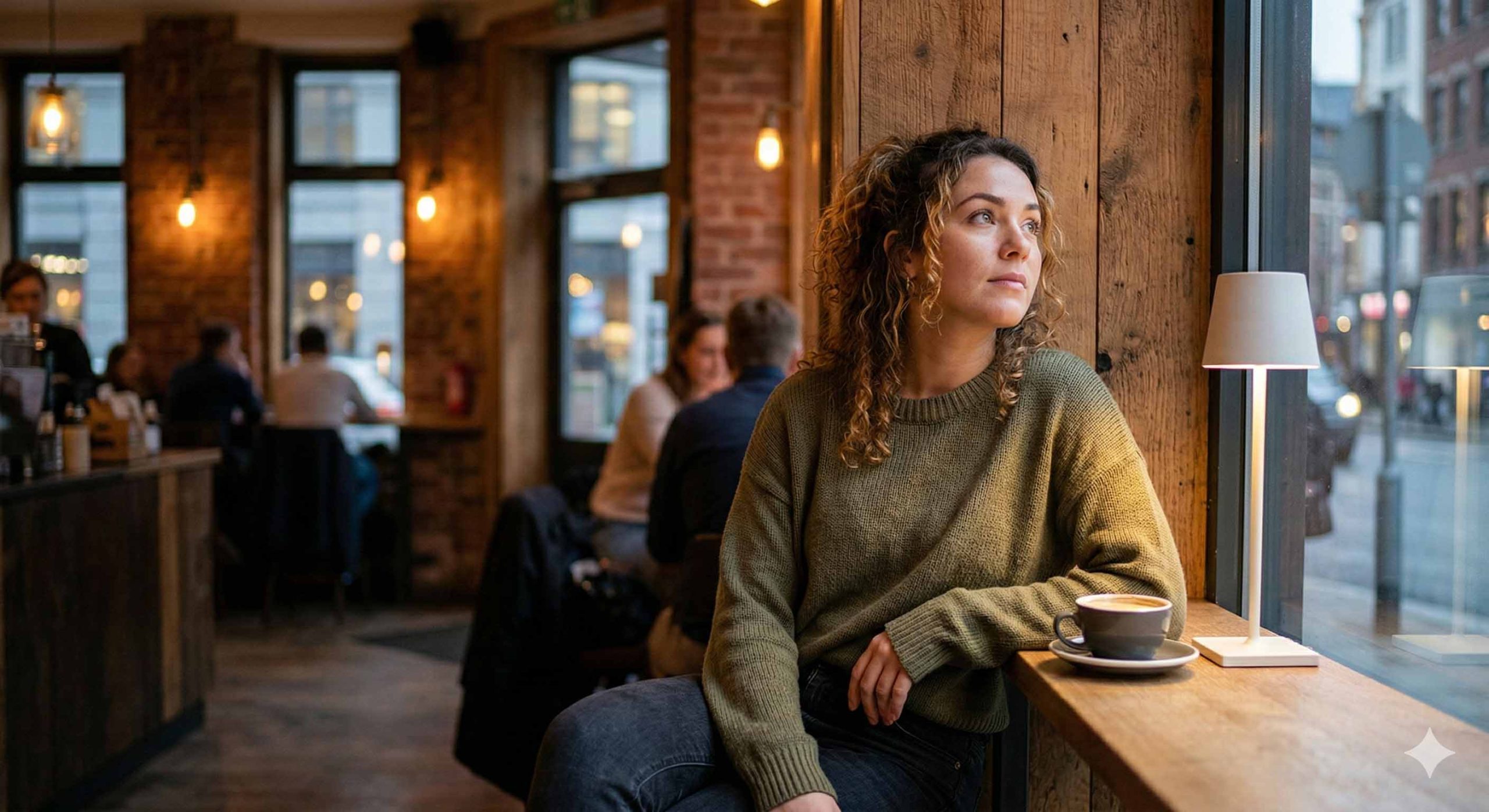 Μια γυναίκα που κοιτάζει έξω από το παράθυρο με προβληματισμό, αντιπροσωπεύοντας τη μοναξιά και την αβεβαιότητα σε ένα situationship.