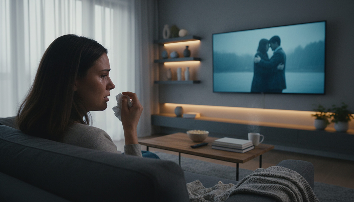 Γυναίκα κλαίει βλέποντας ερωτική ταινία στην τηλεόρασή της στο σαλόνι.