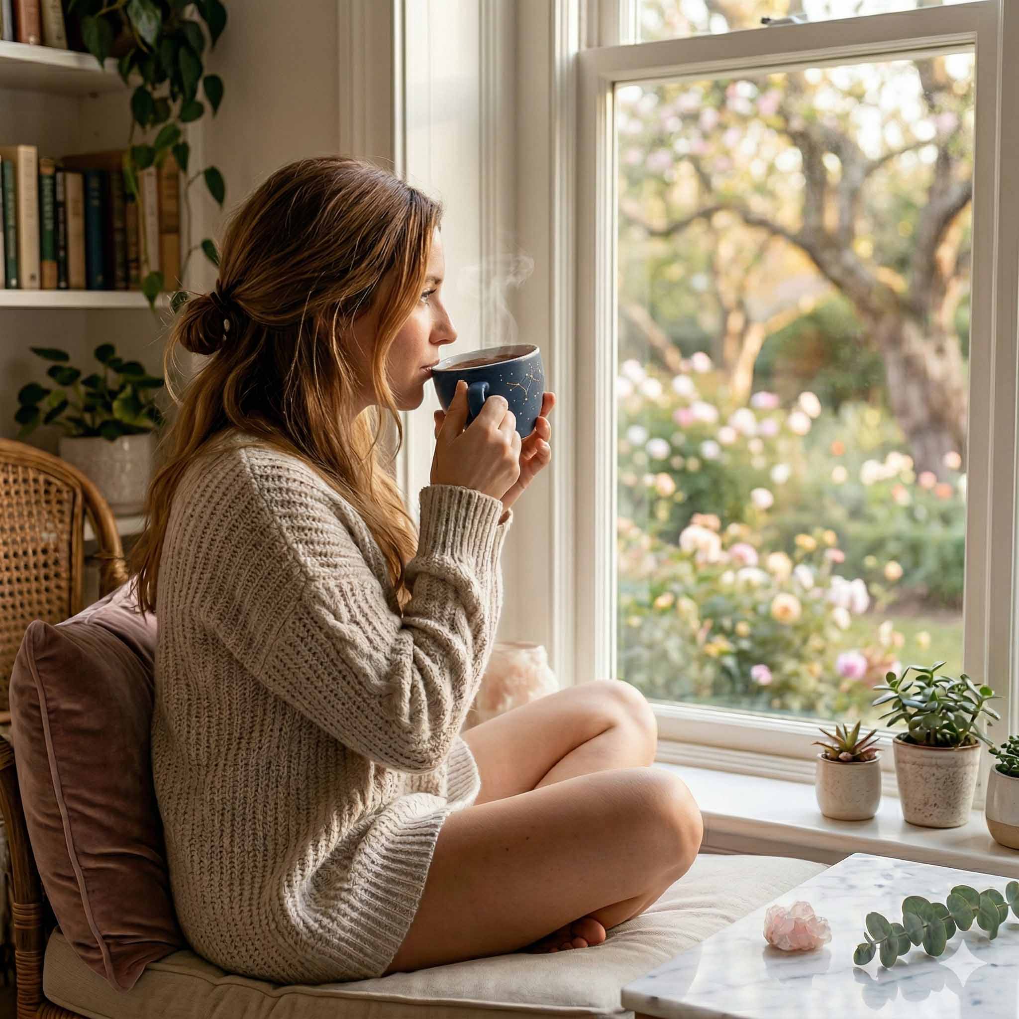 Γυναίκα πίνει καφέ και απολαμβάνει τη θέα από το παράθυρό της.