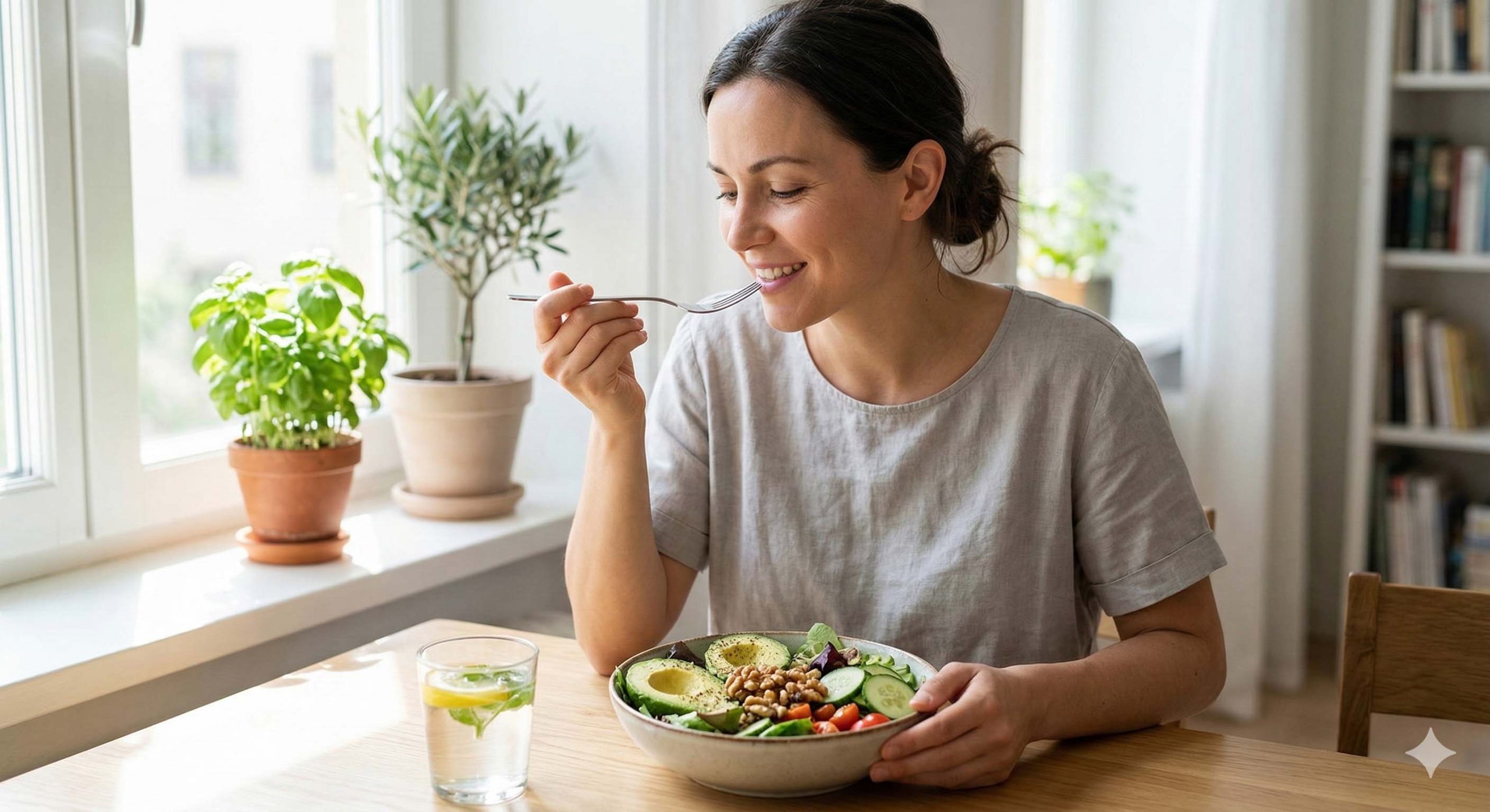 Γυναίκα τρώει σαλάτα για να αντιμετωπίσει τις καούρες και την παλινδρόμηση.