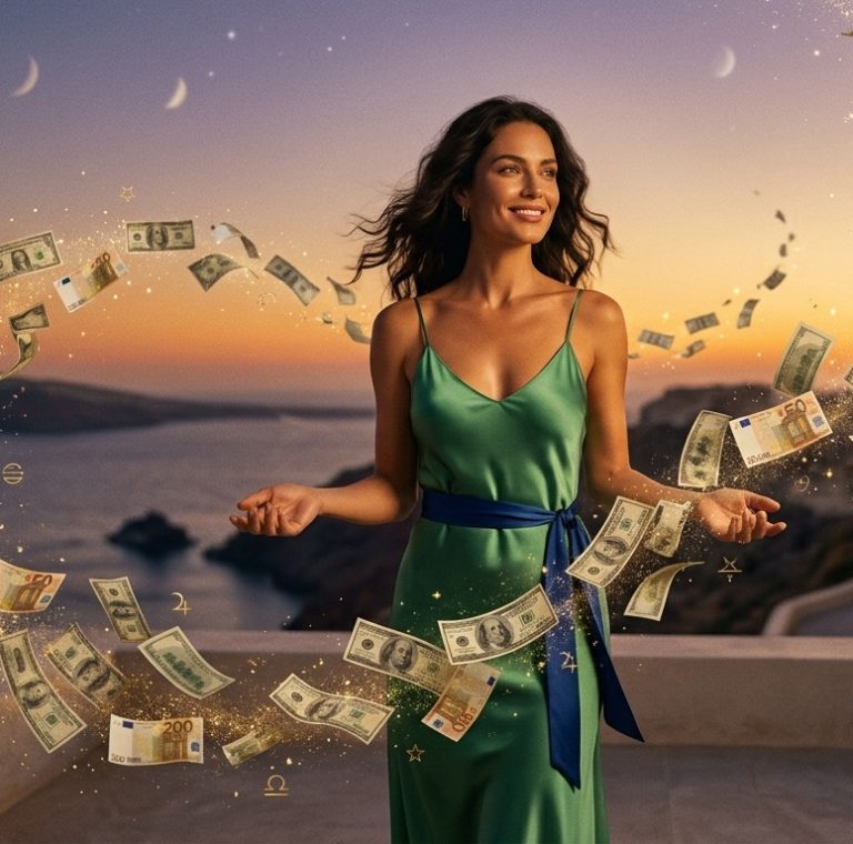 Γυναίκα χαμογελά και χρήματα στροβιλίζονται γύρω της.